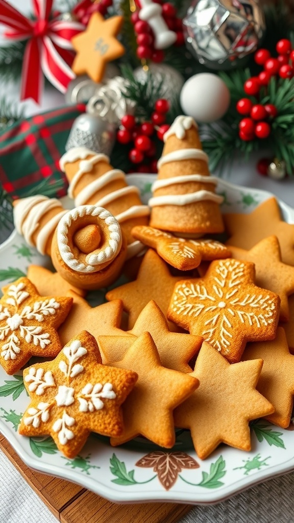 An assortment of Norwegian Christmas cookies including Krumkake, Pepperkaker, and Sandkaker on a festive plate.